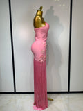 Women Sexy Strapless Pink Flower Tassel Bodycon Bandage Dress Elegant Evening Club Party Luxury Birthday Cocktail Prom Dress