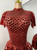 Sexy Women Short Sleeve Sparkly Sequins Stage Dress Luxury Evening Party Nightclub Performance Costume Stage Wear