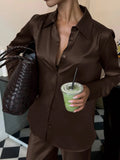 Brown Spliced Folds Two Piece Set Female Lapel Long Sleeve Shirt Vintage Commute Women's Trousers Sets Fashion New