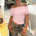 Women Summer Top Fashion Button-Front Patchwork V-Neck Pleated Fitted Top New Casual High-Street Party Female T-Shirts