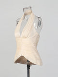 Sexy Deep Neck Backless Vest for Women Halter Sleevless Slimming Asymmetric Hem Ruched Fabric for Luxury Nighclub