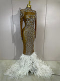 New Sexy Sparkling Red Crystals Feathers Long Sleeve Mermaid Maxi Dress Women Wedding Celebrate Luxury Birthday Party Prom Gown