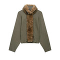 Women Olive Green Fur Collar Oversized Long Sleeve Fuzzy Trim Open Front Knit Cardigan Sweater Fall 2026 Casual Trendy New Wears