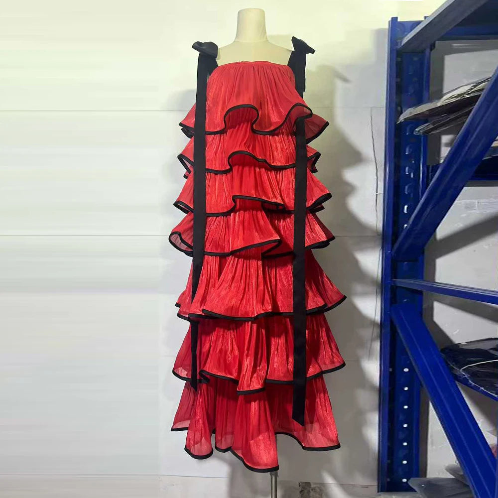 Hit Color Ruffles Cake Maxi Dress for Women Square Collar Off The Shoulder Spliced Bow Evening Temperament Dresses Female