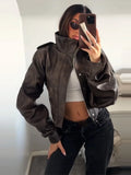 Women's Chic Faux Leather Jacket Fashion Lapel Zipper Irregular Hem Waist Cropped Pu Coat Lady 2026 Spring Chic Street Outerwear