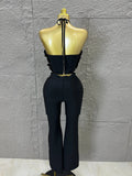 Elegant Two Piece Set Women Halter 3D Flower Crop Top High Waist Flare Pants Bandage Suit Party Casual Formal Wear
