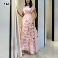 Elegant Spliced Tiered Ruffles Dress for Women O Neck Sleeveless Patchwork Lace Up Slim Formal Evening Puff Dresses Female
