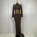 New Sexy Mesh See Through Brown Bodycon Long Sleeve Dress Women Celebrity Elegant Evening Party Luxury Birthday Fancy Club Gown