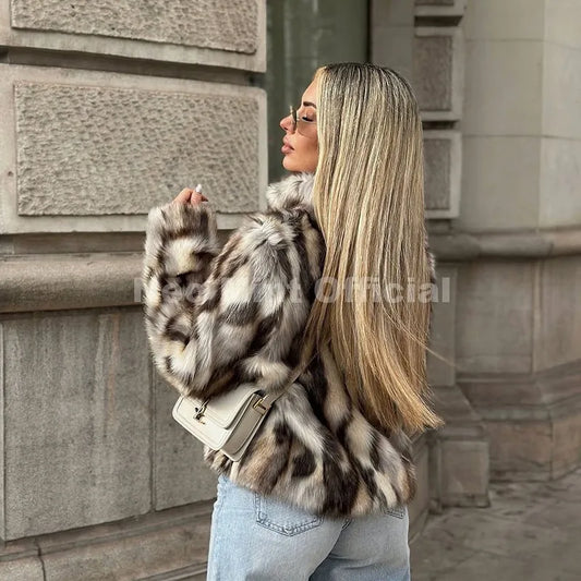 Brand Designer Zebra Strip Print Faux Fur Jacket Women Autumn Winter Stand Collar Fox Fur Coat Ins Girls Outerwear