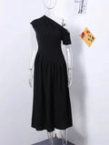 Solid Slimming Temperament Dresses for Women Diagonal Neck Short Sleeves Patchwork Ruffles Fold Dress Female New