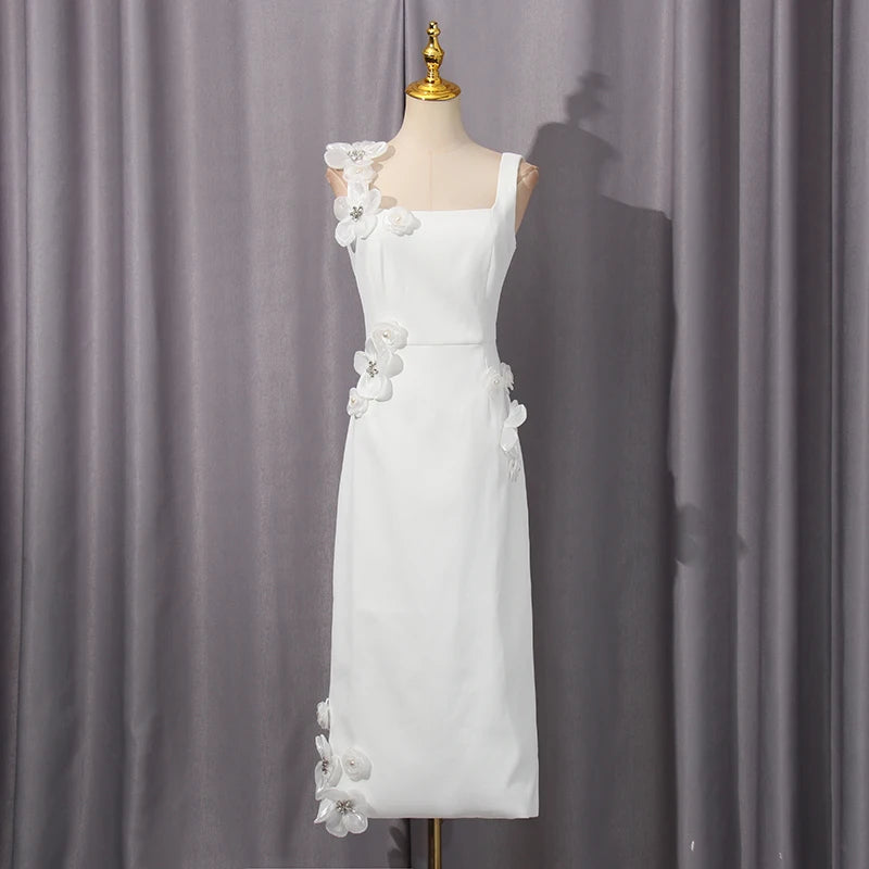 Slimming Patchwork Appliques Solid Dress for Women Square Collar Sleeveless High Waist Bodycon Sexy Evening Dresses Female