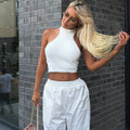 Women's Fuzzy Knit Crop Top Sleeveless Mock Neck Pullover Backless Slim Solid Sexy Y2K Streetwear Casual Party Club Top