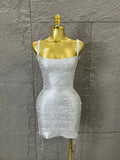 Women Sexy Metallic Gold Silver Bronze Bodycon Dress with Thin Straps and Drawstring Hem Evening Event Women Clubwear Outfit