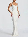 Sexy White Satin Maxi Dresses for Women Square Collar Sleeveless Tunic Fishtail Classic Dinner Dress Female Fashion