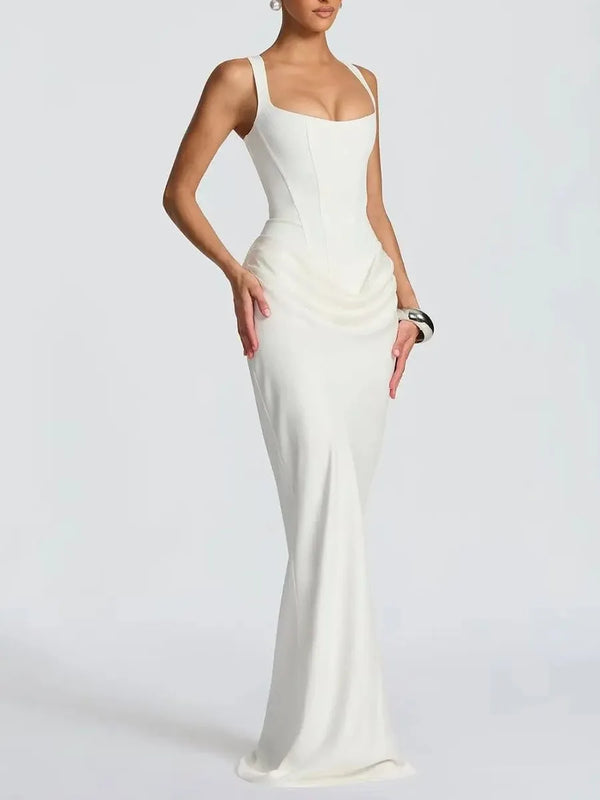 Sexy White Satin Maxi Dresses for Women Square Collar Sleeveless Tunic Fishtail Classic Dinner Dress Female Fashion