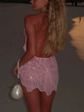 Solid Embroidered Lace Dresses for Women Square Collar Sleeveless Wavy Scalloped Hem Skirt for Tropical Sunset Trip