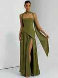 Elegant Ribbon Corset Long Dress For Women Slip Slit Maxi Dresses Evening Bridesmaid Wedding Guest Olive Green Black Cocktail