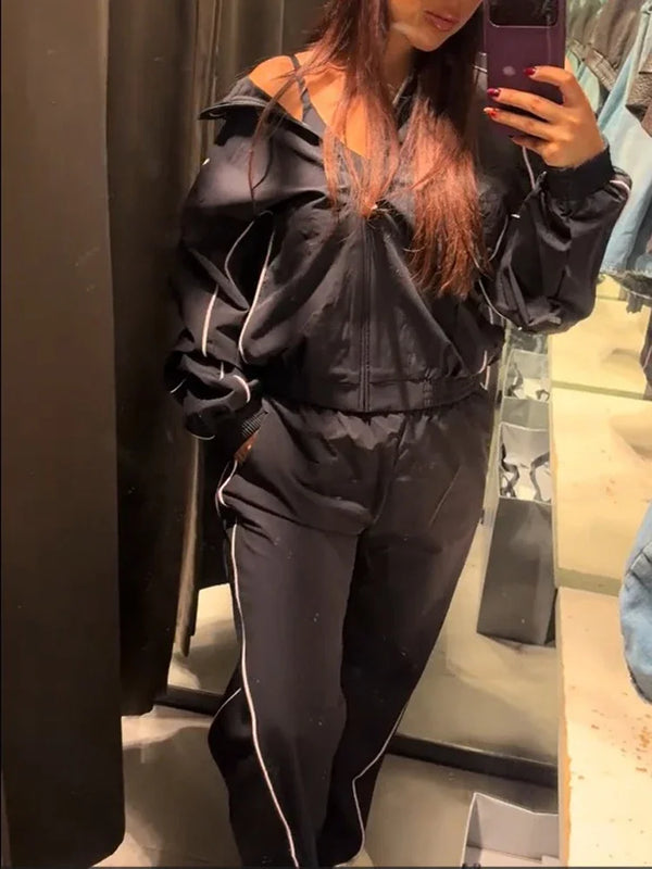 White Stripe 2 Piece Tracksuit Women Stand Collar Zip Jacket And Elastic Waist Wide Leg Pants Set Sporty Casual Matching Outfit