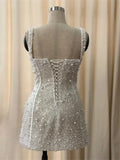 Customized White Spaghetti Strap Wedding Dresses Sleeveless Lace-Up Elegant Bridal Gowns Beaded Mini Wedding Gowns