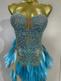 Luxury Sparkly Diamonds Pearls Strapless Mesh Maxi Dress Elegant Eveing Birthday Party Sexy Nightclub Performance Stage Costume