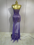 Sexy Purple Strapless Mesh See Through Long Dress Sparkly Diamond Tassel Birthday Evening Party Nightclub Bar DJ Show Stage Wear