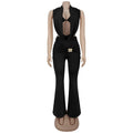 Women's Ruched Pant Set Brown Halter Crop Top And Flared Trouser Two-Piece Set Elegant V-neck Design Cut-Out Club Outfits