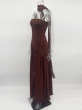Irregular Slit Vacation Long Dress For Women Elegant Contrast Slim Ribbon Dress Back Lace Up Female Strapless Summer New