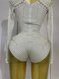 Luxury White Full Pearl Long Sleeved Stretch Bodysuit Women Birthday Evening Party Celebrate DJ Performance Nightclub Stage Wear