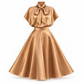 Satin Two Piece Sets for Women Bow Tie Mock Neck Blouse High Waist Flared A‑Line Maxi Skirt for Formal Banquet Party Wear
