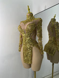 Sparkly Sequins  Gold Silver Mini Dress Women Sexy Split Nightclub Party Performance Dresses Birthday Celerbity Stage Outfit