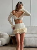 Women's White Skirts Set Sexy V-neck Long Sleeve Ruffled Crop Tops & Mini Skirts With Layered Hem Lady 2026 Chic Party Outfits