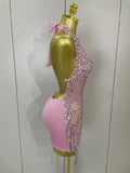 Sexy Sparkly Rhinestones Halter Backless Mesh Velour Short Dress Women Evening Prom Celebrate Birthday Party Stage Wear
