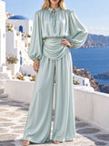 Satin Two Piece Set for Women Ruffle Mock Neck Long Lantern Sleeve Crop Top Pleated Wrap Wide Leg Pants for Vacation Daily