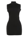 Metal Hollow Dress Woman Sexy Patchwork Summer O-Neck Sleeveless Skinny Peach Hip Midnight Club Party Mini Bodycon