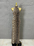Refined Leopard Print Maxi Dress Women Sexy Halter Neck Sleeveless Sequin Embellished Bodycon Outfit Nightclub Party Costume