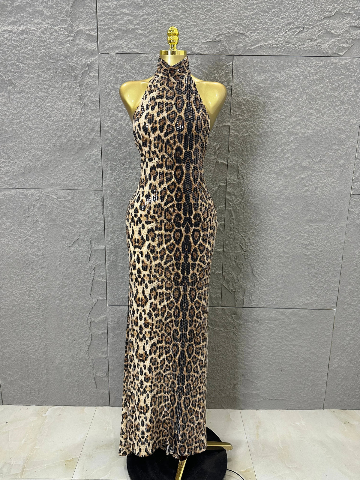 Refined Leopard Print Maxi Dress Women Sexy Halter Neck Sleeveless Sequin Embellished Bodycon Outfit Nightclub Party Costume