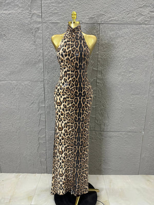 Refined Leopard Print Maxi Dress Women Sexy Halter Neck Sleeveless Sequin Embellished Bodycon Outfit Nightclub Party Costume