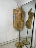 Sparkly Rhinestones Fringes Tight Bodysuit Women Sexy Mesh See Through Performance Stage Outfit Luxury Birthday Party Wear