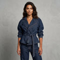 Women Dark Blue Denim Sets Vintage Lapel Belted Peplum Long Sleeve Cuff Top Wide Leg Pants Outfit 2026 Lady Autumn Chic Suits