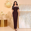 Women Sexy Off the Shoulder Pearl Bead Diamond Bodycon Long Bandage Dress Nightclub Party Evening Birthday Celebrate Wear
