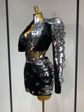 Women Long Sleeve Sequin Mini Bodycon Three Piece Set Birthday Evening Party Costume Bar Nightclub Performance Stage Outfit