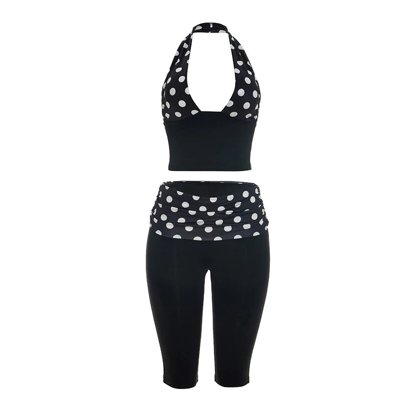 Patchwork 2-Piece Set Women Backless Halter Low-Neck Vest+Folds Elastic Waist Short Fashion Polka Dot Print Suits