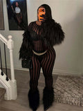 Hottie See Through Jumpsuit Women O-Neck Irregular Stripe Patchwork Jacquard Hollow Sexy Street Stretch Slim Overall