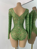 Sparkly Rhinestones Luxury Women Strecht Bodycon Sexy Long Sleeves Singer Performance Stage Nightclub Outfit Dancer Costume