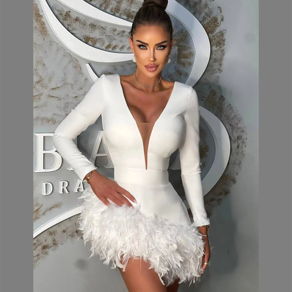 Women's 2-Color Glam V-Neck Gorgeous Feather Skirt Bandage Mini Dress Fashion Party Evening Performance Dress Women Glam Dresses