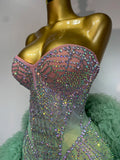 Women Sexy Strapless Backless Green Diamonds Mesh Dress Birthday Party Costume Bar Nightclub Singer Stage Performance Outfit