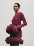 Elegant Slimming Spliced Ruched Mini Dresses For Women Flower Bud Design With Long Sleeves High Waist Dress Female New