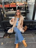 Women Shaggy Faux Fur Patchwork Mid Length Coat Lapel Open Front Long Sleeve Vintage Coats Elegant Winter Warm Outerwear 2026