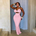 Women Summer Sleeveless V-neck Ruched Flowers Hollow Out Bodycon Long Dresses Sexy Solid Birthday Evening Party Vestidos