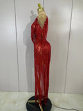 Sexy Sparkly Red Diamonds Tassel Mesh See Through Long Dress Women Eveing Birthday Party Nightclub Singer Stage PhotoShoot Wear